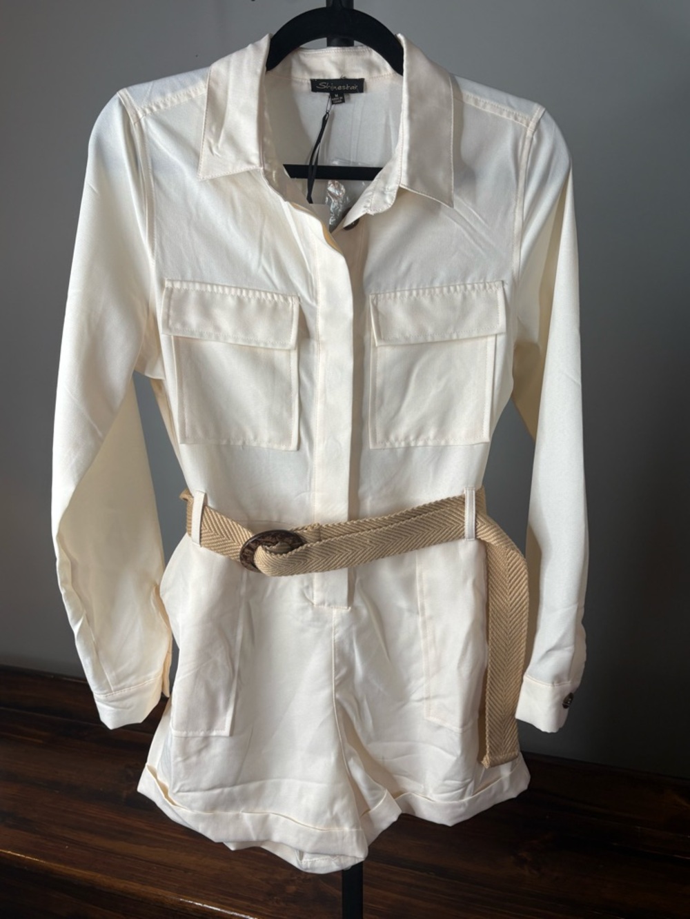 Shinestar Cream Utility Romper Jacket with Woven Belt